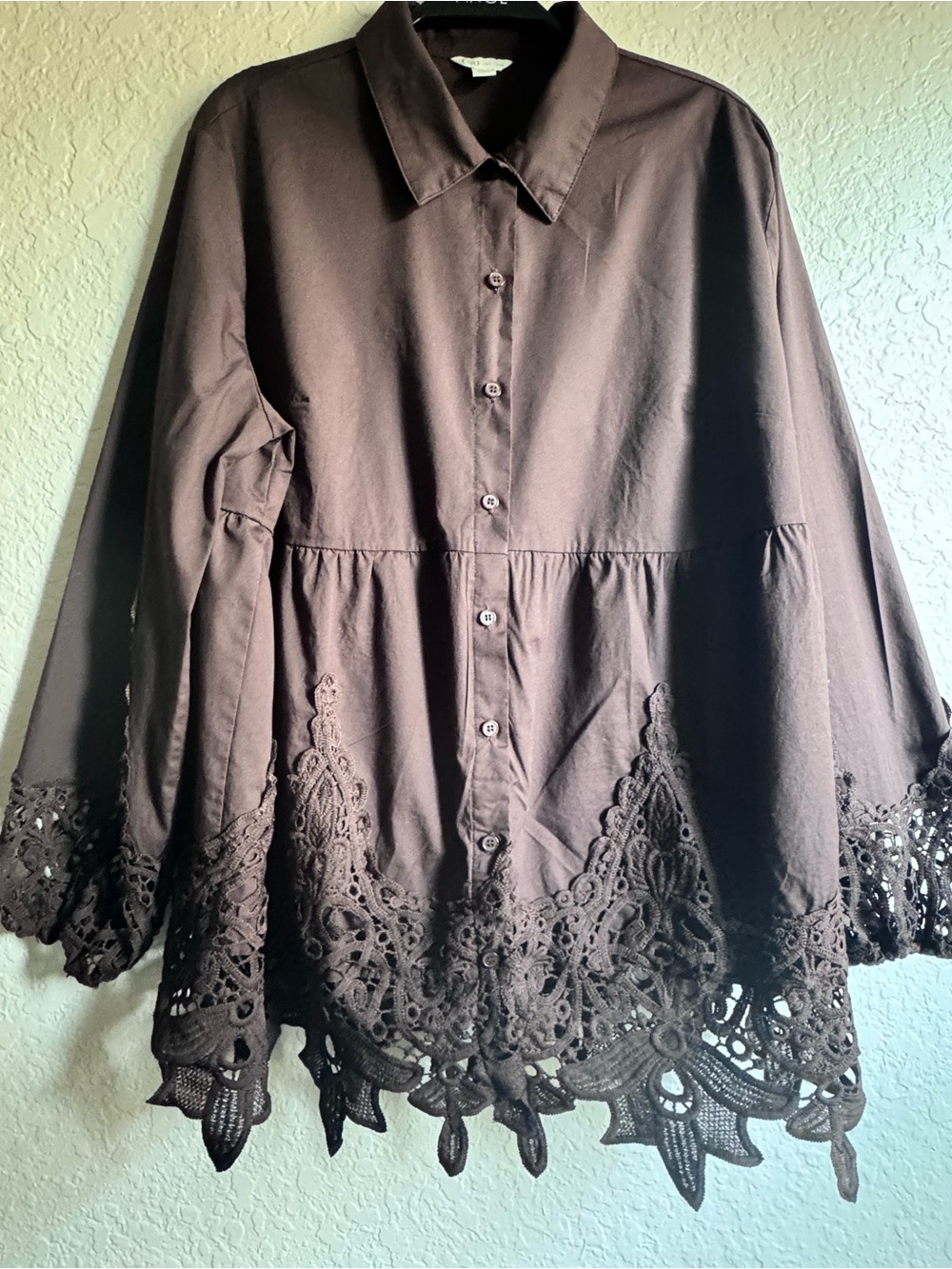 Cato Boho Dark Brown Eyelet Macramé Lace Drop-Waist Button-Down Blouse